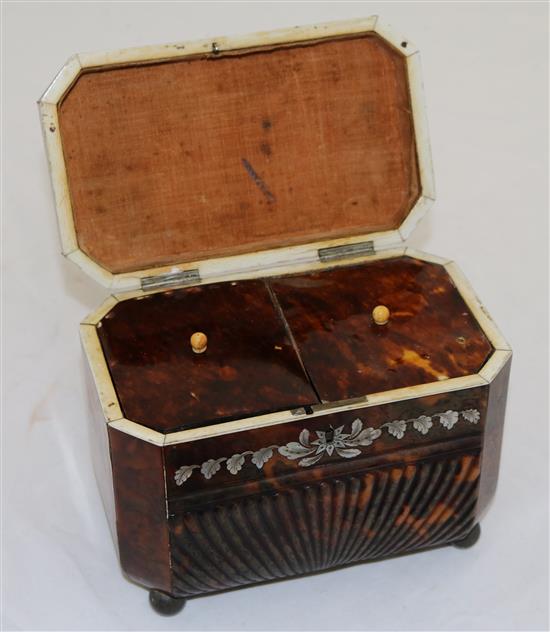 A Regency mother of pearl inset tortoiseshell tea caddy, 7in.